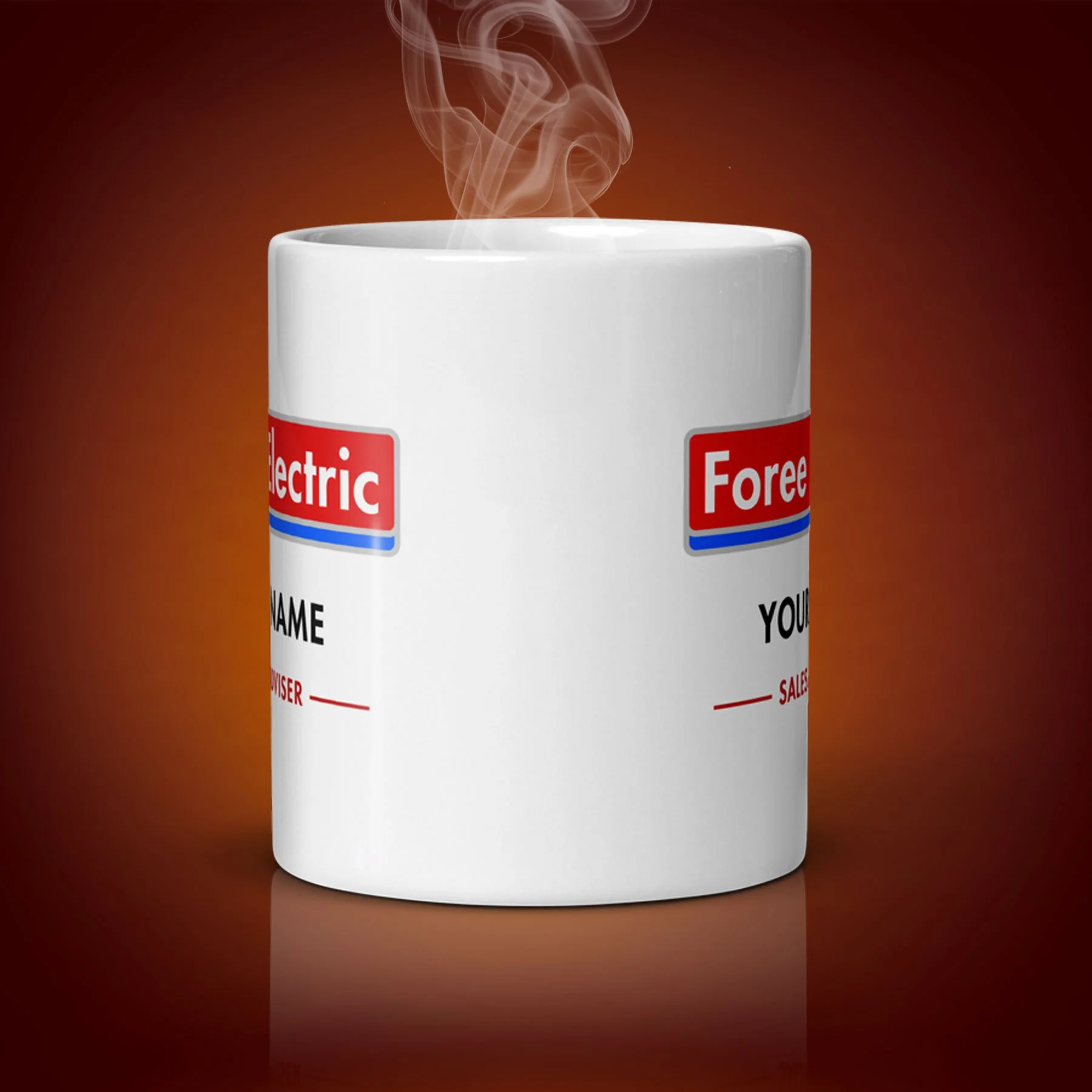 An 11-oz personalized Foree Electric Mug displays the center side. The artwork on our mug is inspired by the movie "Shaun of the Dead". It is available for $24.99 with free shipping.