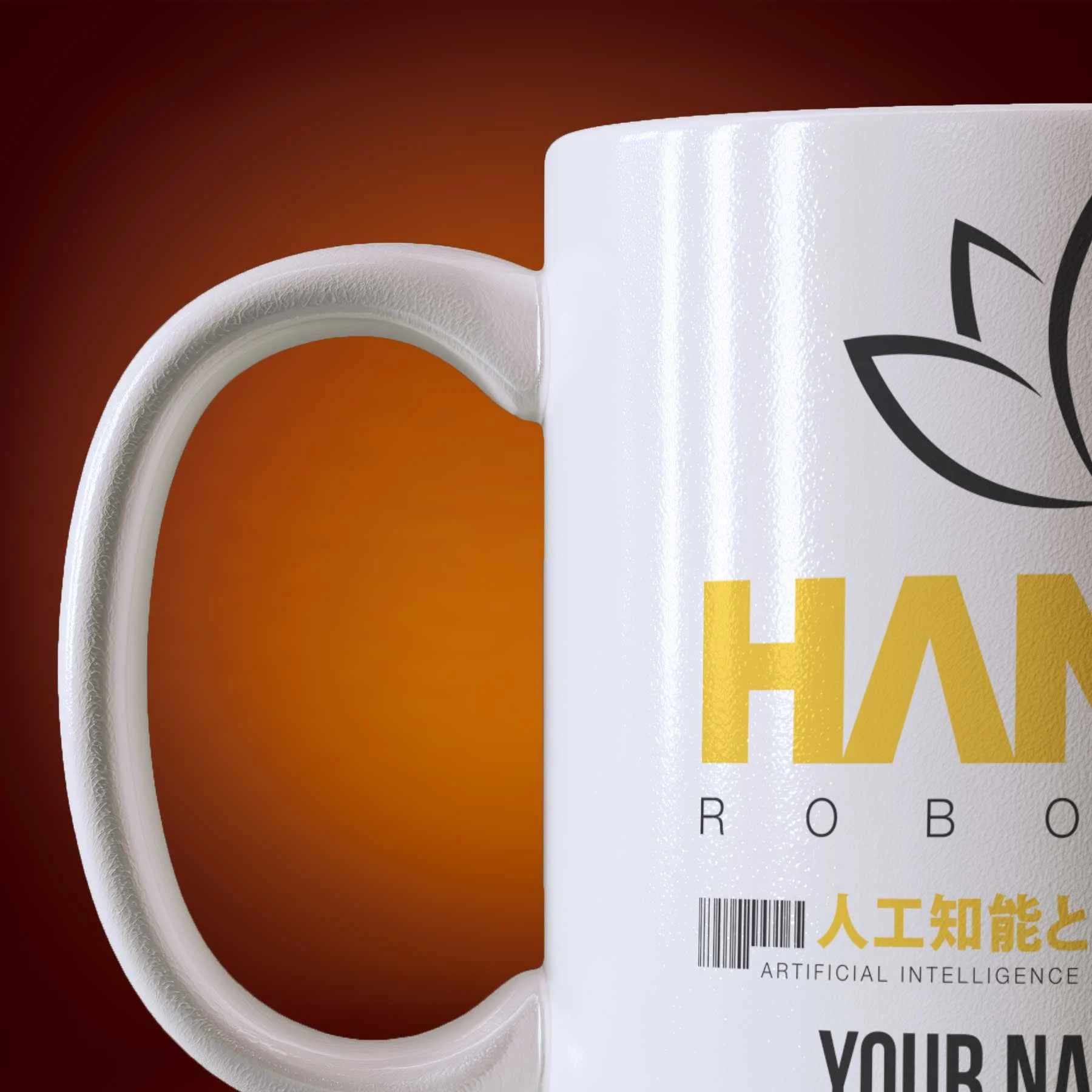 Close-up of an 11-oz personalized Hanka Robotics mug.