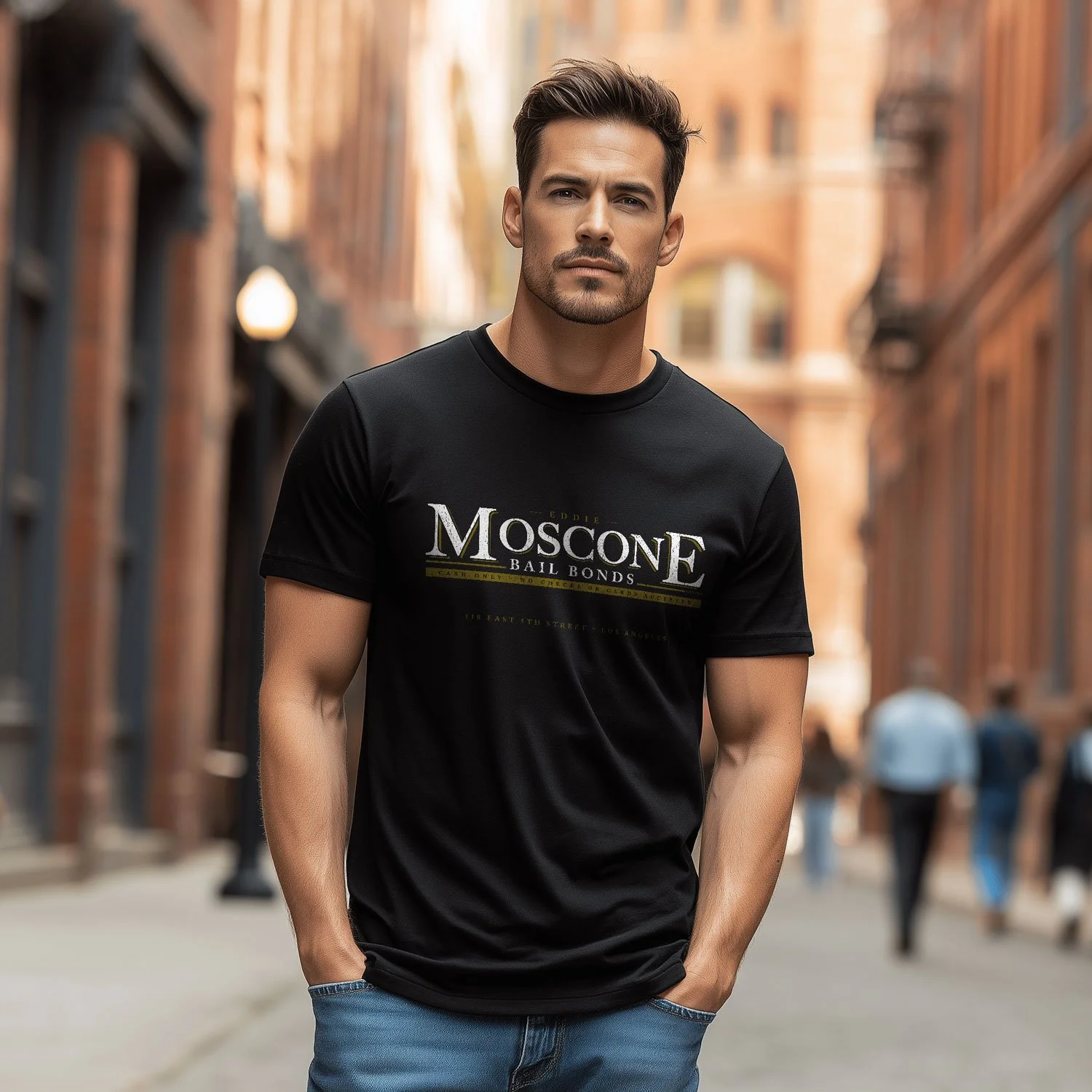 Image of a man wearing a black Moscone Bail Bonds T-shirt outside on the street.