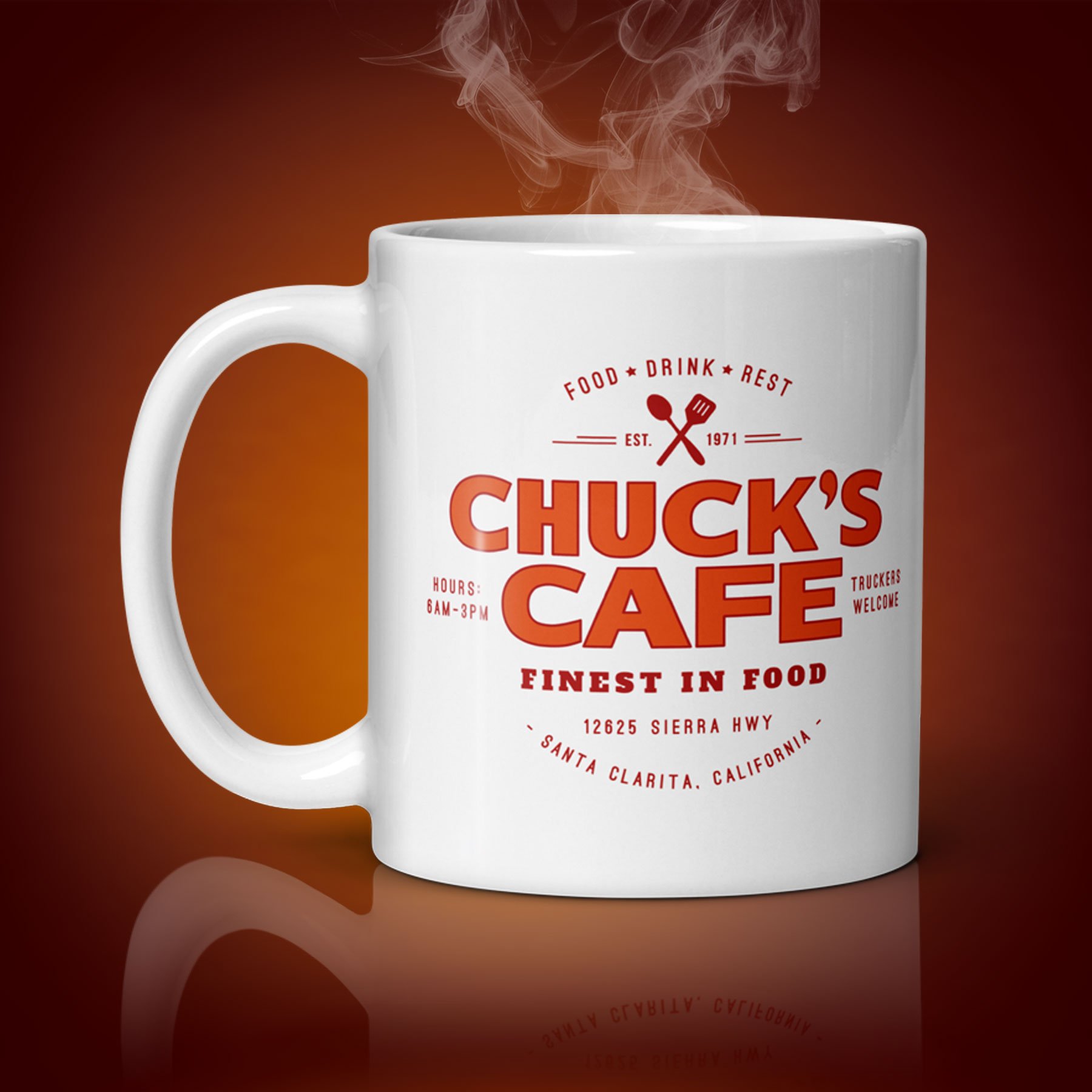 An 11-oz Chuck's Cafe mug displays the right side. The artwork on our mug is inspired by the movie "Duel". It is available for $21.99 with free shipping.