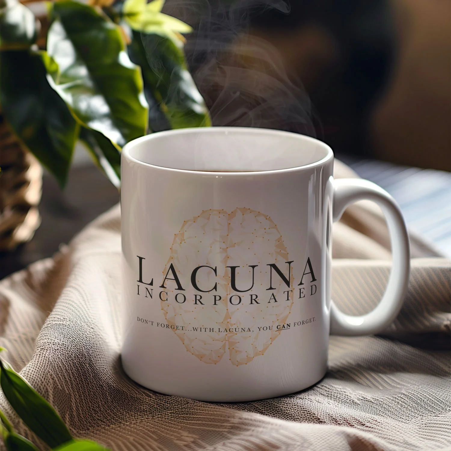 A Lacuna Incorporated mug is displayed on a table, filled with coffee.