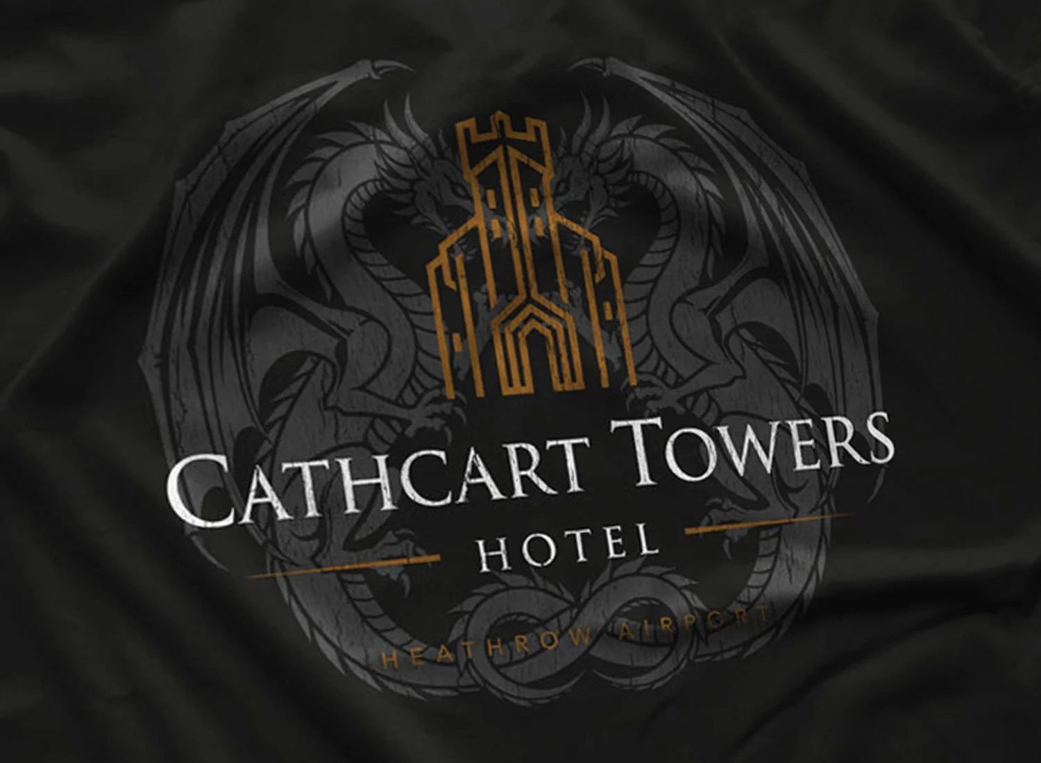 Close-up of a Cathcart Towers Hotel T-Shirt in color Black, A Fish Called Wanda Inspired T-shirt in sizes S M L XL 2XL 3XL 4XL 5XL from $21.49