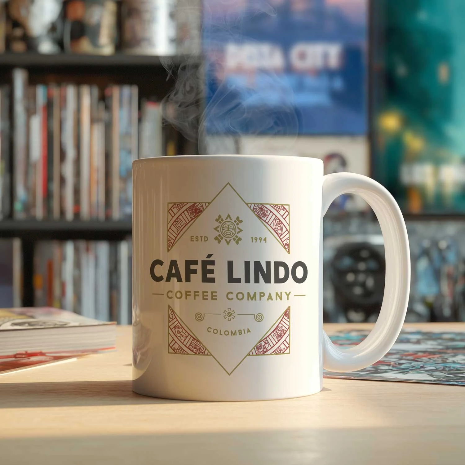 A Café Lindo Coffee Company mug is displayed on a table, filled with coffee.