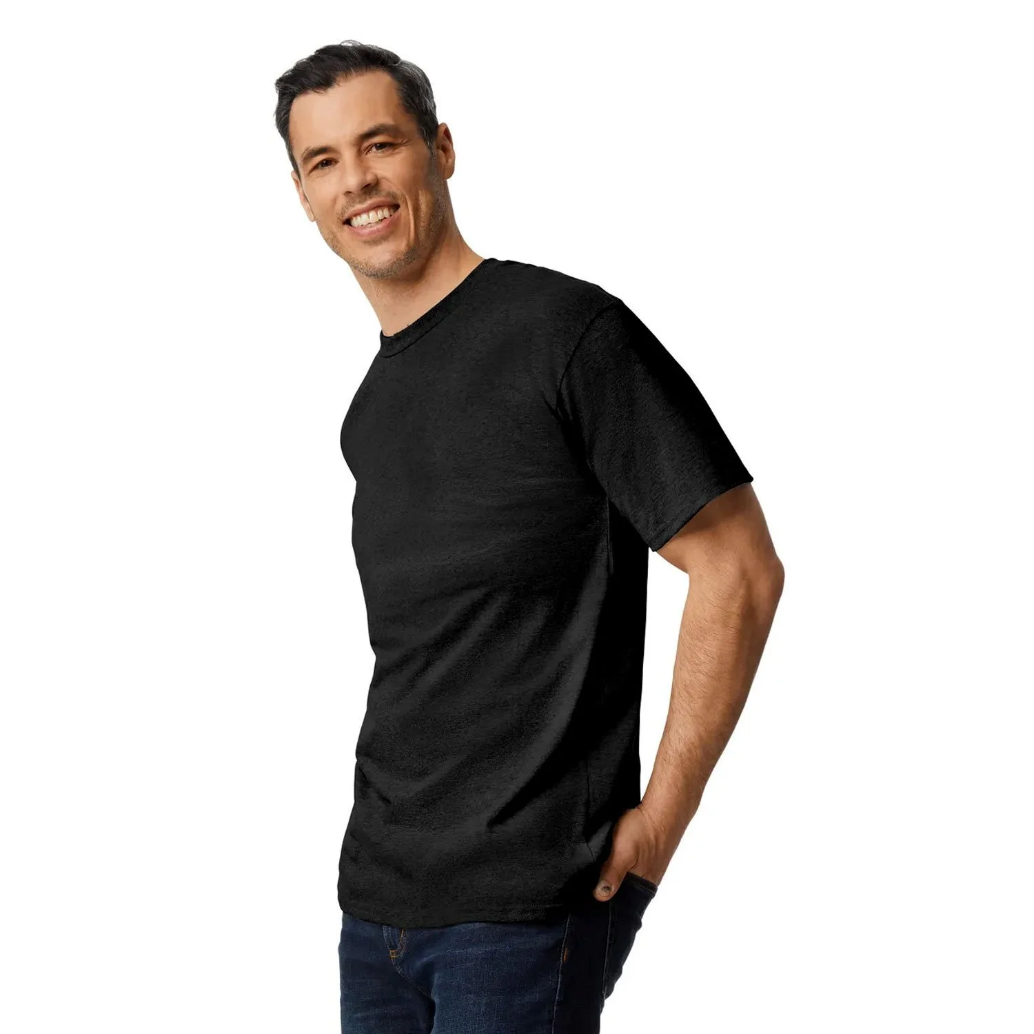 Image of a man, side view, wearing a black Gildan 2000 Tall shirt.