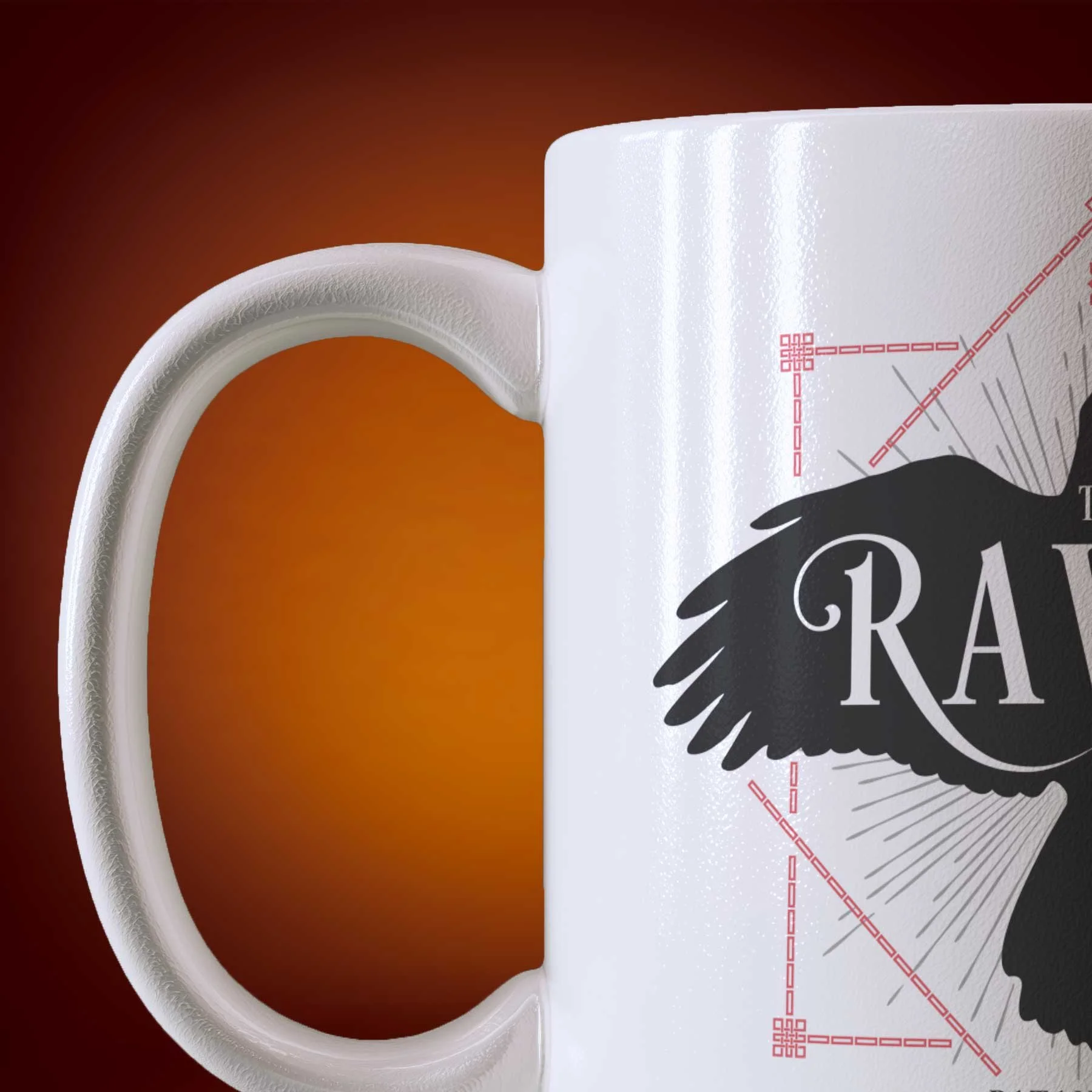 Close-up of an 11-oz The Raven mug displays the left side. The artwork on our mug is inspired by the movie "Raiders of the Lost Ark". It is available for $21.99 with free shipping.