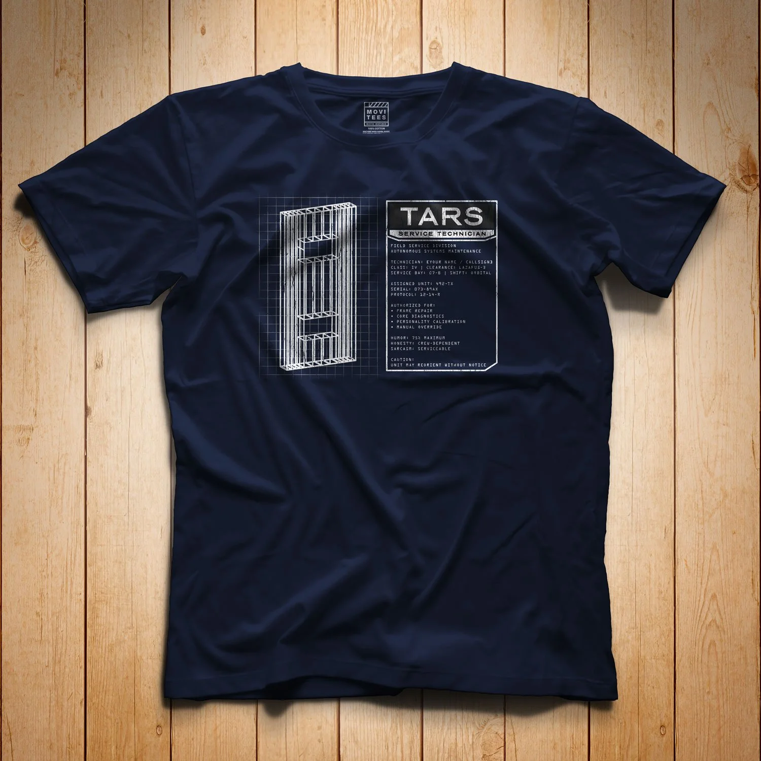 Personalized TARS Service Technician T-shirt in Navy Blue. Get your "Interstellar"-inspired shirt in sizes S to 5XL, starting at just $24.49 with free shipping.