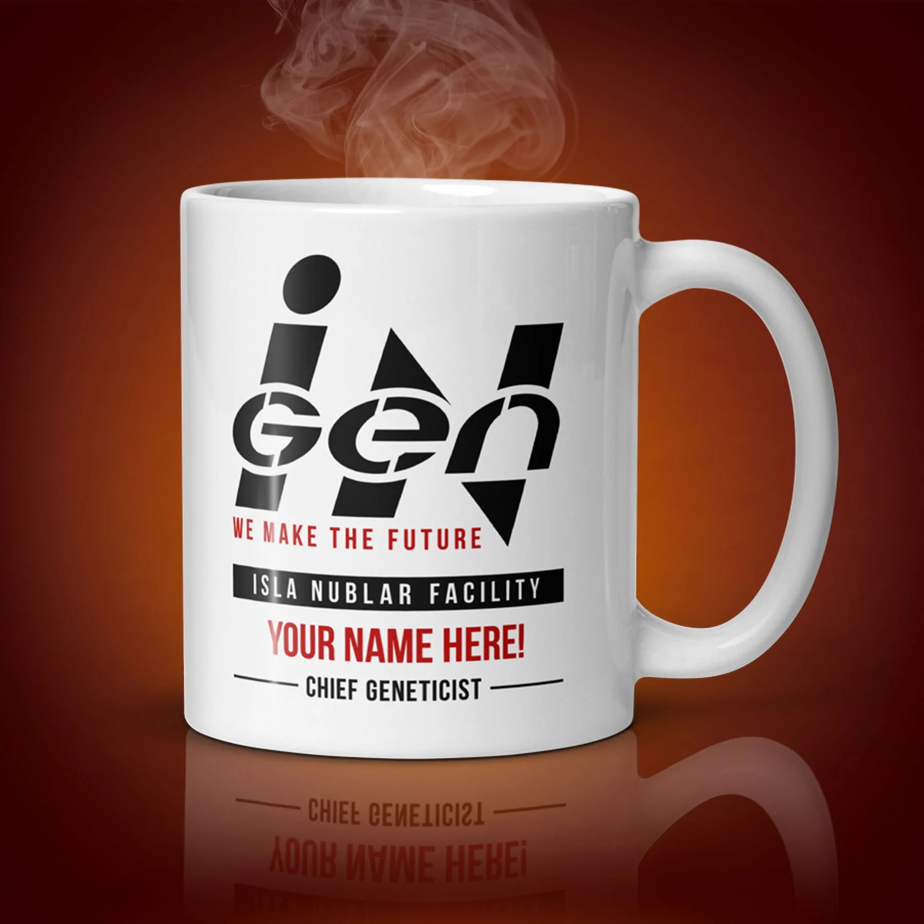An 11-oz personalized InGen mug displays the left side. The artwork on our mug is inspired by the movie "Jurassic Park". It is available for $21.99 with free shipping.
