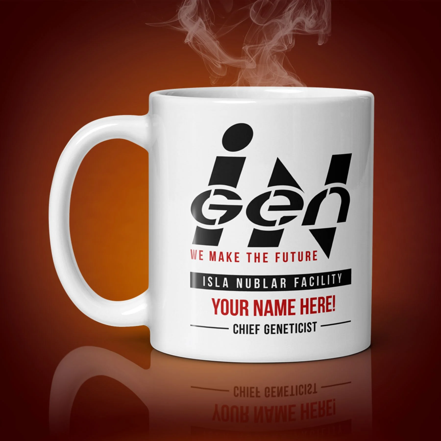 An 11-oz personalized InGen mug displays the right side. The artwork on our mug is inspired by the movie "Jurassic Park". It is available for $21.99 with free shipping.
