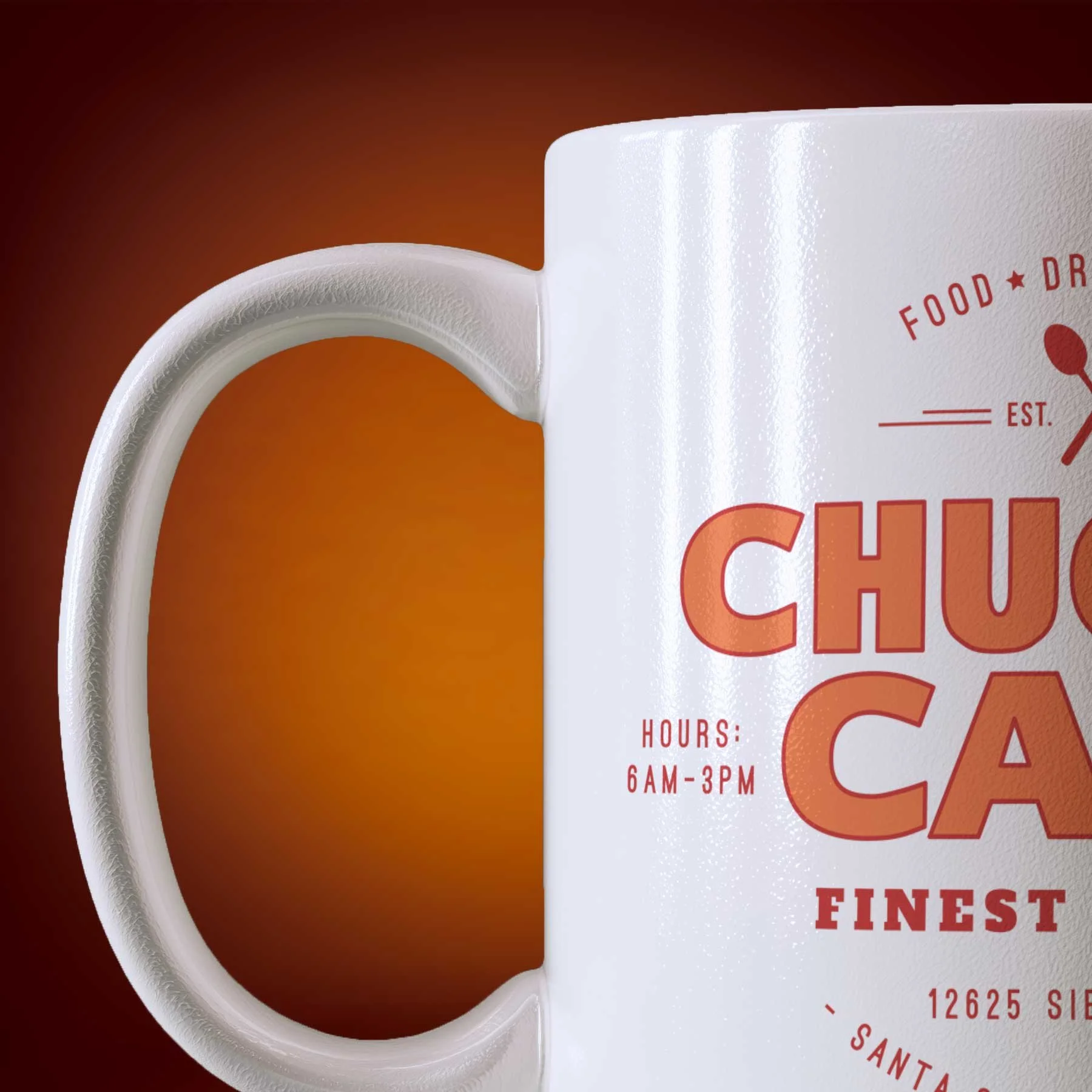Close-up of an 11-oz Chuck's Cafe mug.