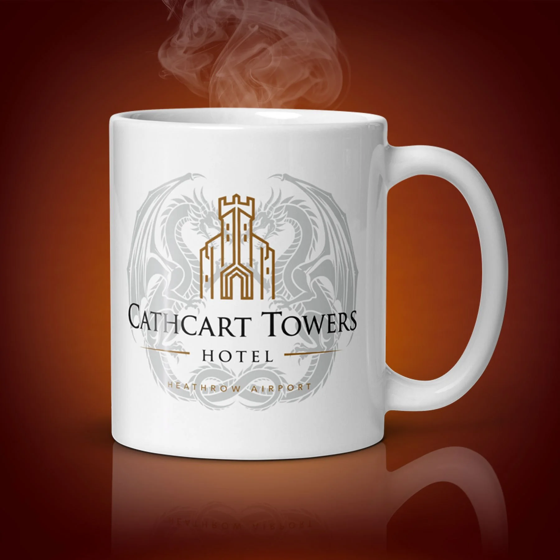An 11-oz Cathcart Towers Hotel Mug displays the left side. The artwork on our mug is inspired by the movie "A Fish Called Wanda". It is available for $21.99 with free shipping.