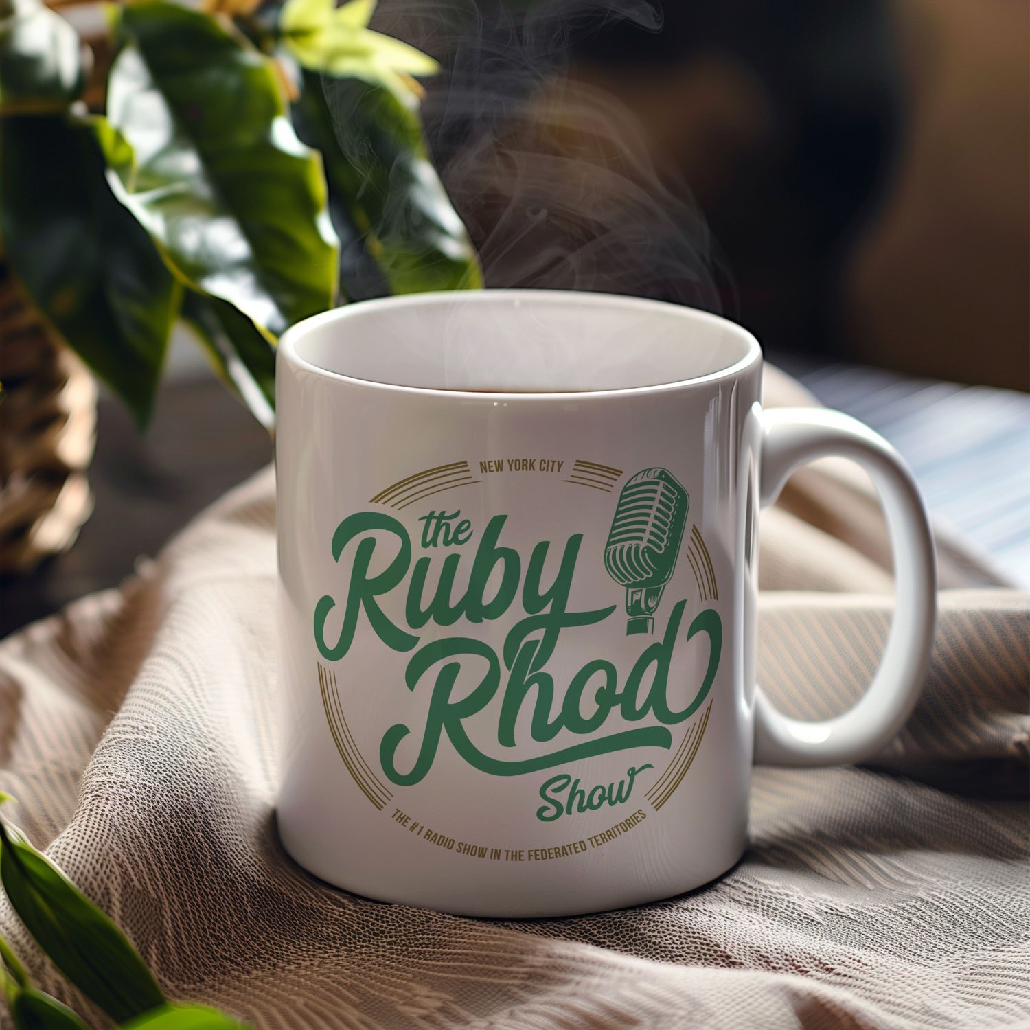 A The Ruby Rhod Show Mug is displayed on a table, filled with coffee.