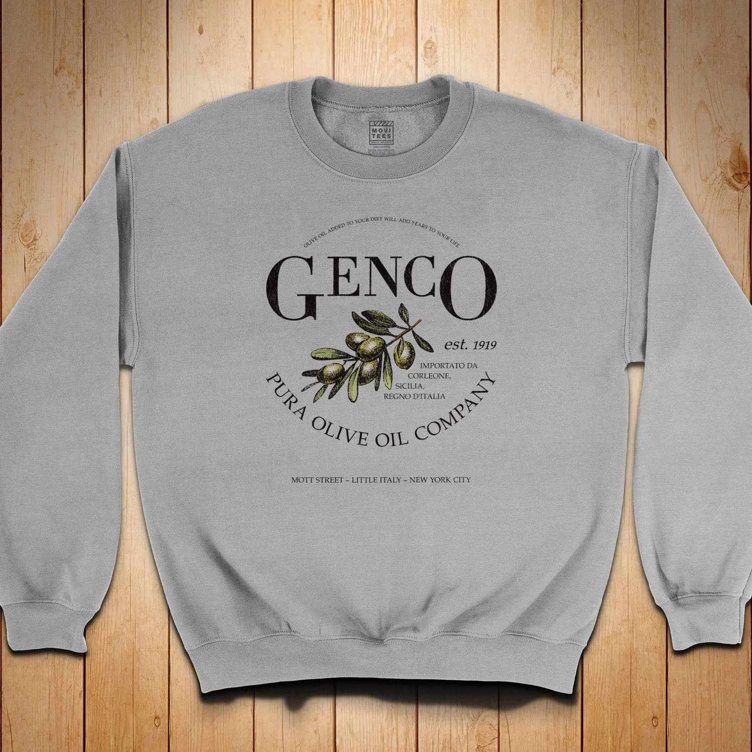 Image of our Genco Pura Olive Oil Co Sweatshirt in color sport grey, The Godfather movie Inspired sweater in sizes S-3XL from $34.99 with free shipping.