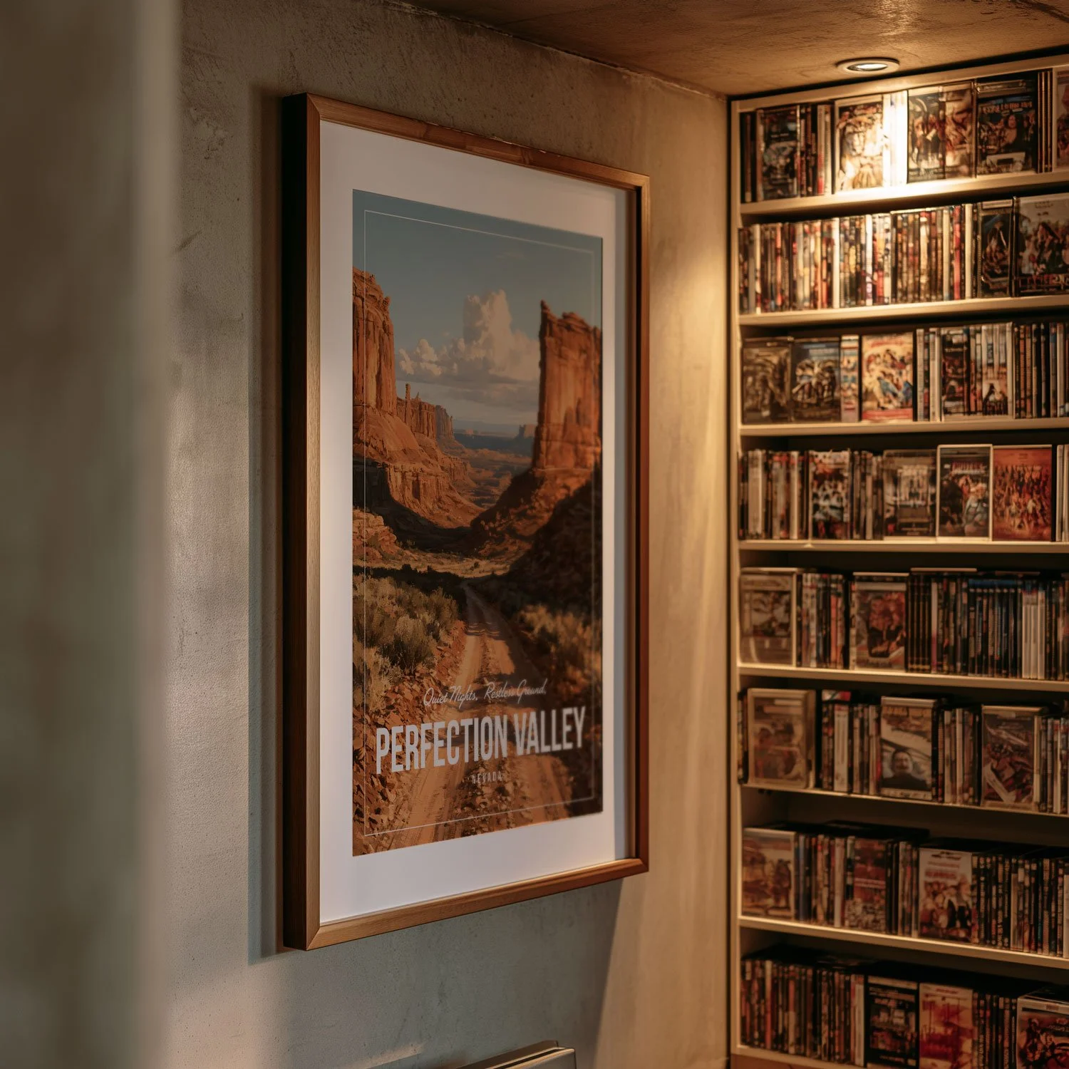 An A1 frame holding a 20x30-inch poster of Perfection Valley hangs on a white wall. The artwork on our poster is inspired by the movie "Tremors". It costs from $24.99, and shipping is included.