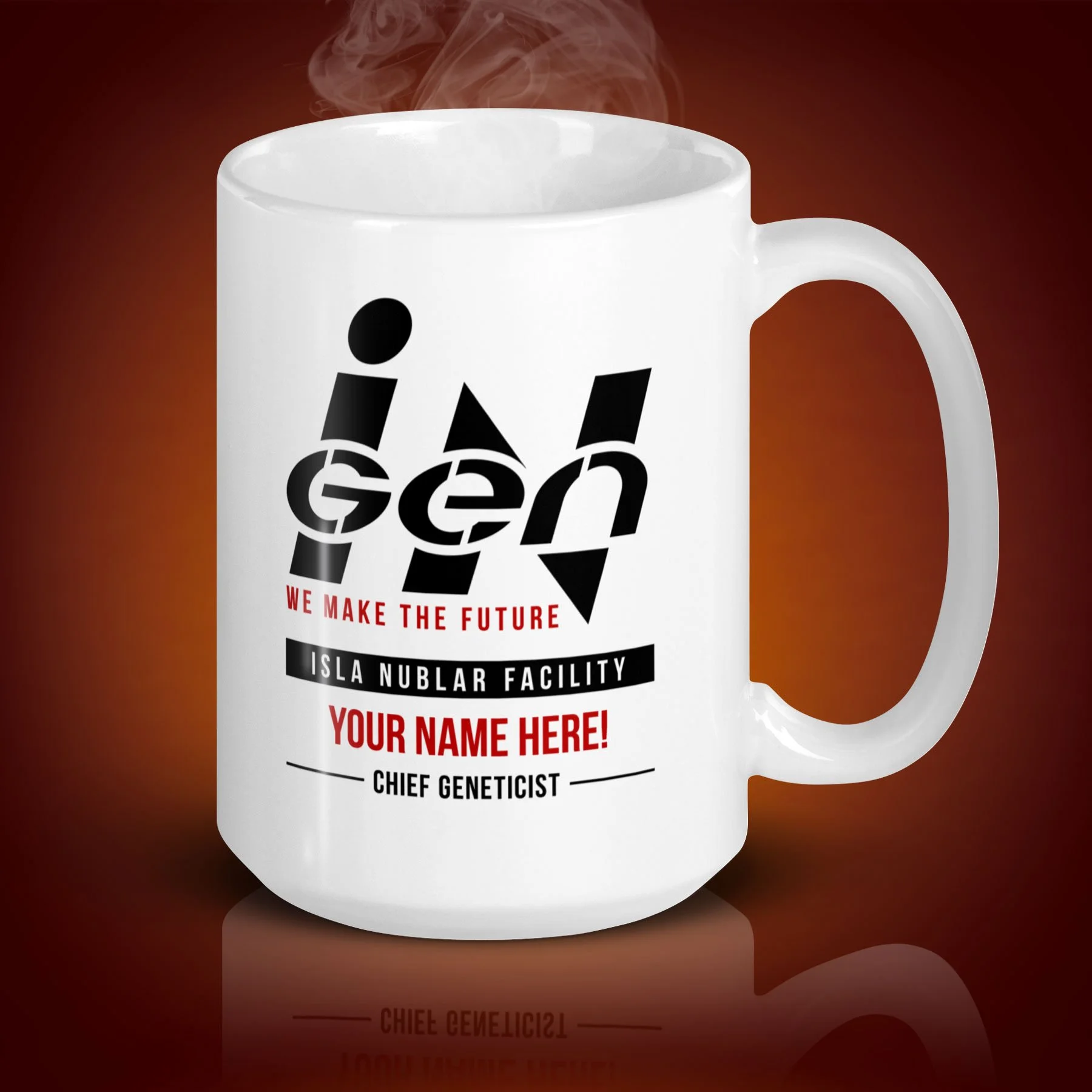 An 15-oz personalized InGen mug displays the left side. The artwork on our mug is inspired by the movie "Jurassic Park". It is available for $21.99 with free shipping.