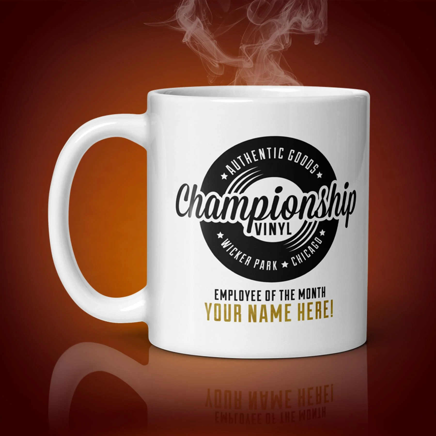 An 11-oz personalized Championship Vinyl mug displays the right side. The artwork on our mug is inspired by the movie "High Fidelity". It is available for $21.99 with free shipping.