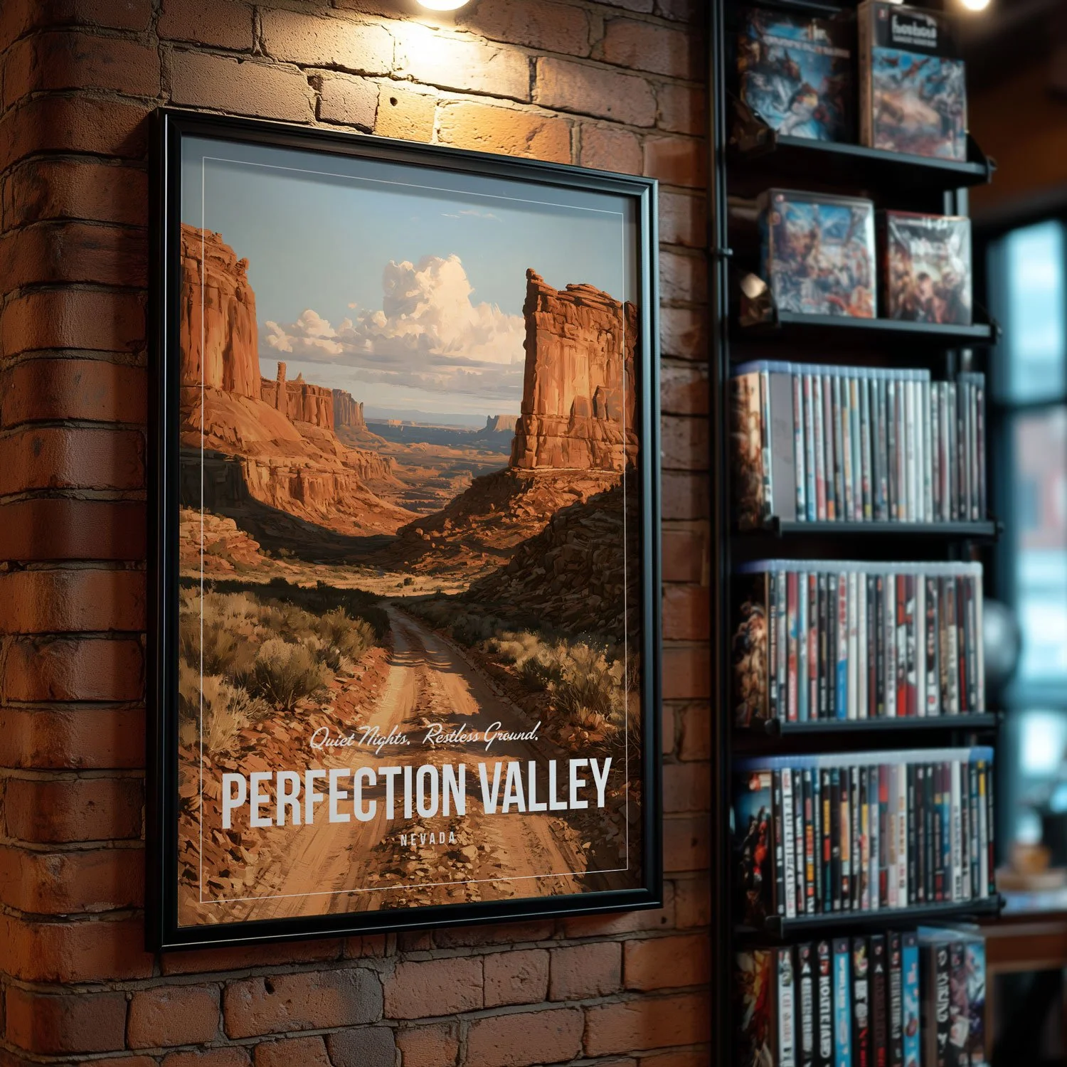A 20x30-inch poster of Perfection Valley is hanging on a brick wall beside shelves filled with DVDs. The artwork on our poster is inspired by the movie "Tremors". Available in three sizes.