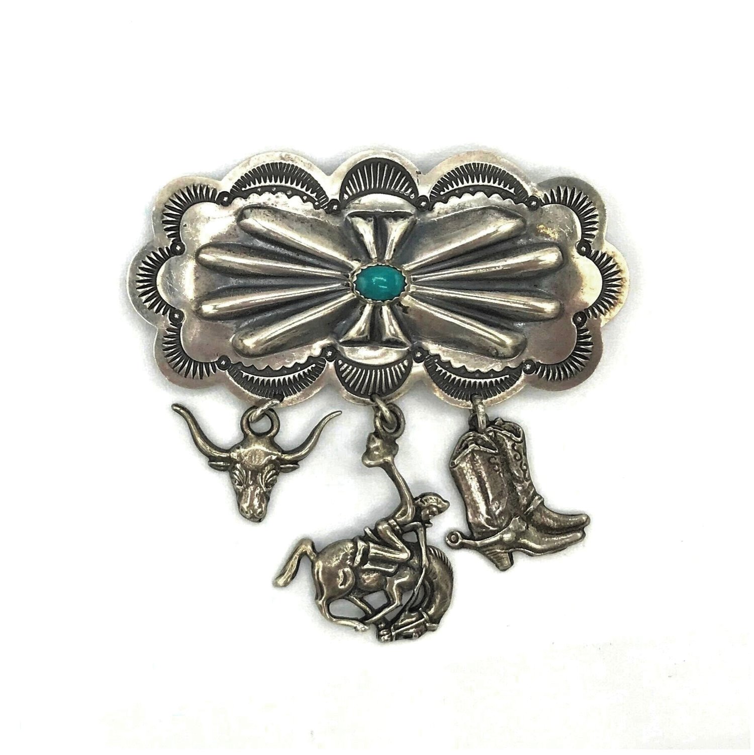 Turquoise & Tufa Vintage Navajo Silver Buckle of Repousse and Stamping