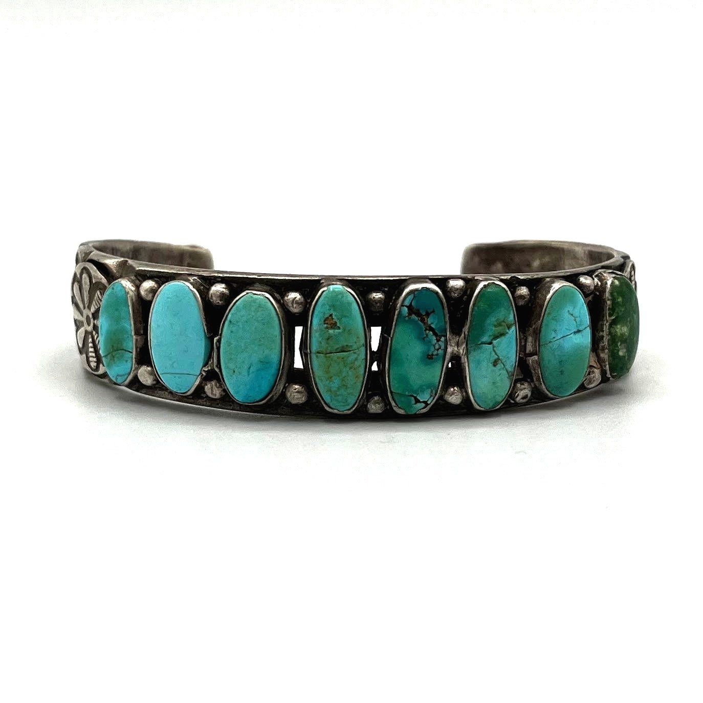Navajo Ingot Silver Row Bracelet with Eight Turquoise Stones circa