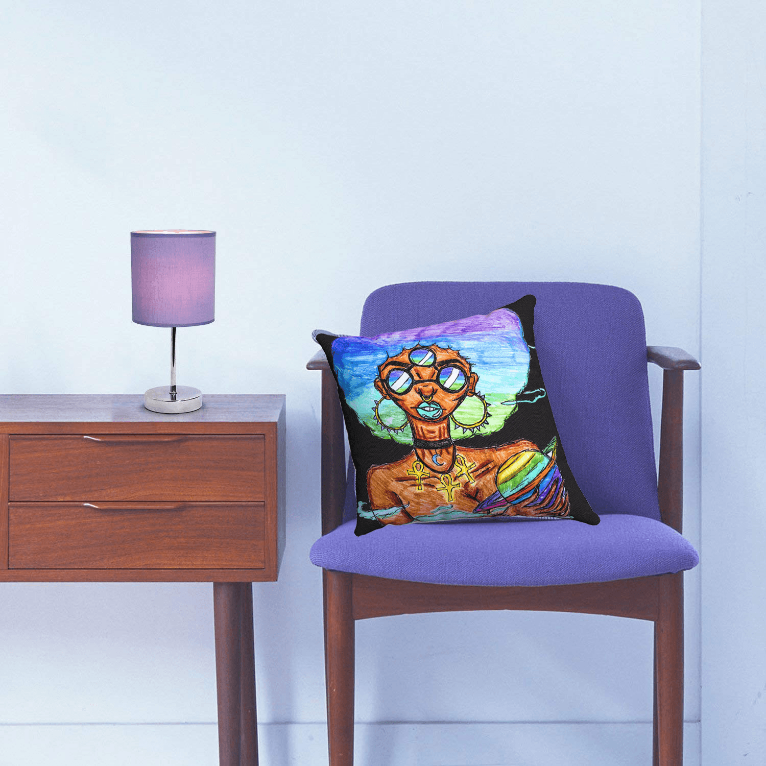 “Solar Systar” accent pillow by Ayanna Ali with Simple Designs Chrome Mini Basic Table Lamp with Fabric Shade