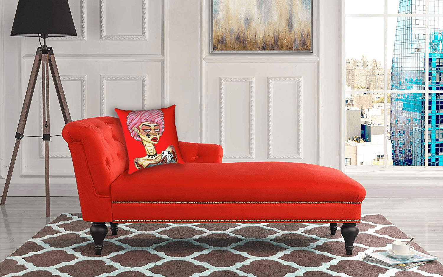 “Cards” accent pillow by Ayanna Ali with Casa Andrea Milano Elegant Velvet Chaise Lounge for Living Room or Bedroom