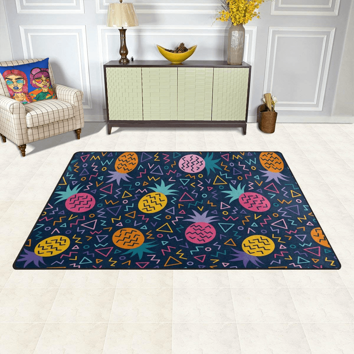 “Shades” accent pillow by Ayanna Ali with Yochoice Non-slip Pineapple Area Rug