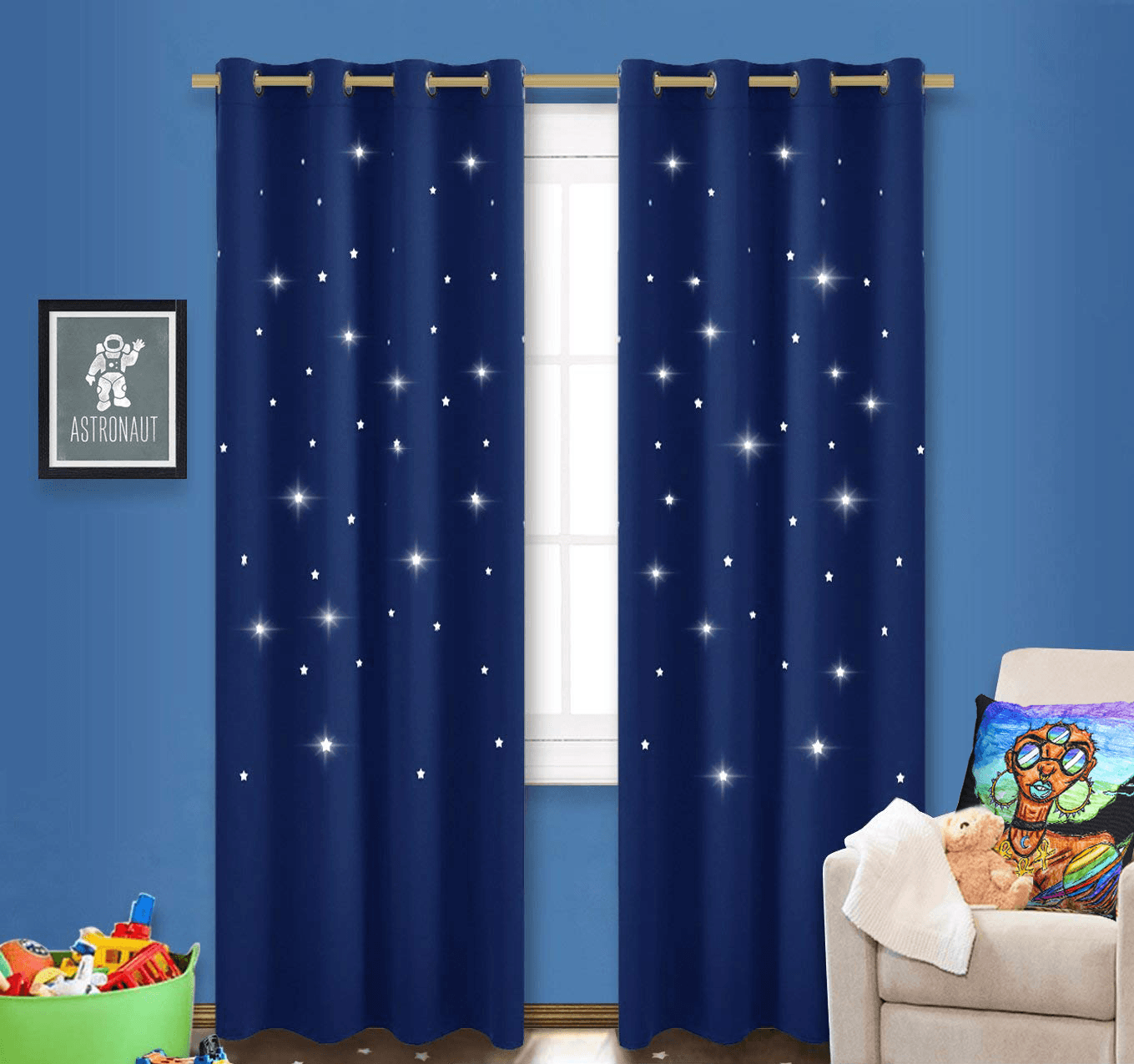 Solar Systar Accent Pillow by Ayanna Ali with NICETOWN Stars Blackout Window Curtain