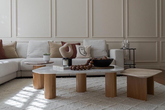 Our TRIO Organic Coffee Table set that can be customized with different stone and wood tops. In this beautiful project by @mizannadesigns &amp; @sole_design_dxb they have used Travertine, Terrazzo and Carrara marble. Swipe right to see other combinat