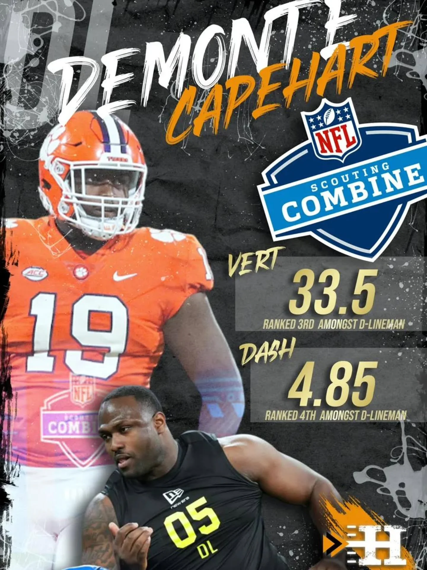 ITH interviewee DeMonte Capehart (@cuddie19) had a day at the NFL Combine, ranking 3rd in the Vert and 4th in the 40 yard Dash amongst all DL. 

#nflcombine #clemsonfootball #nflprospect #demontecapehart