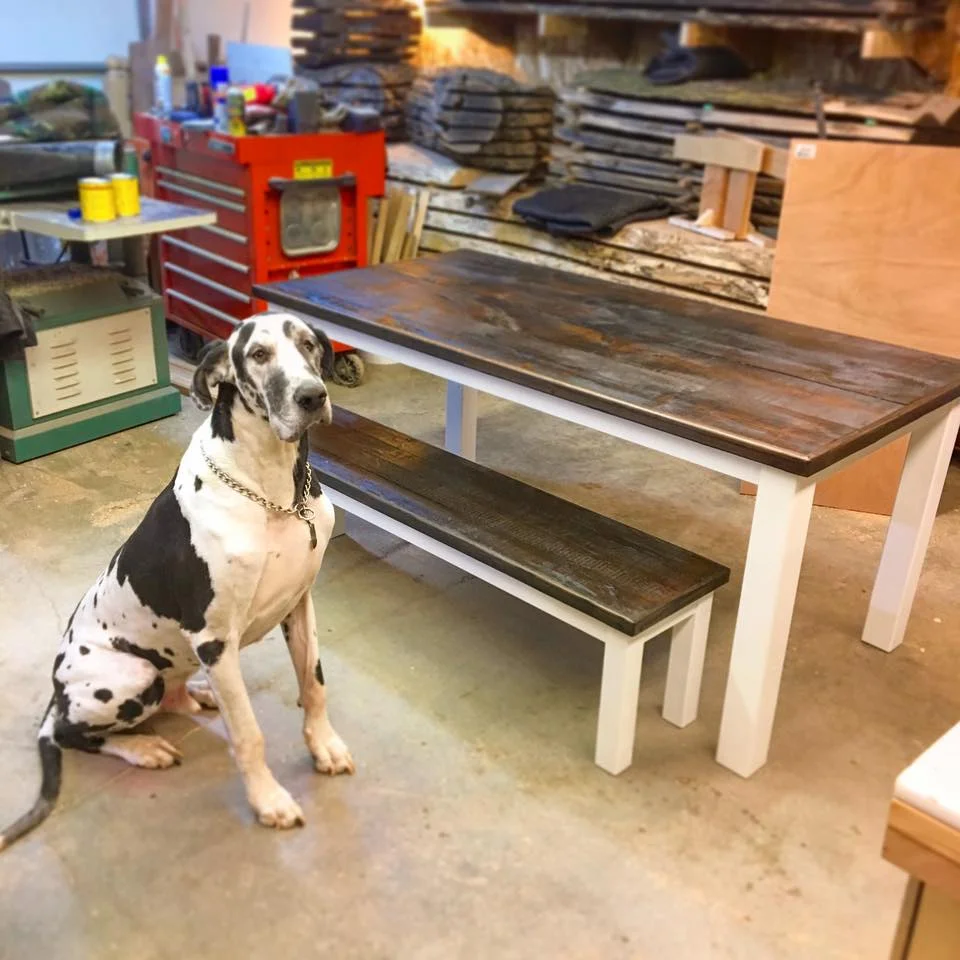 farmhouse table and bench w Gordon.jpg