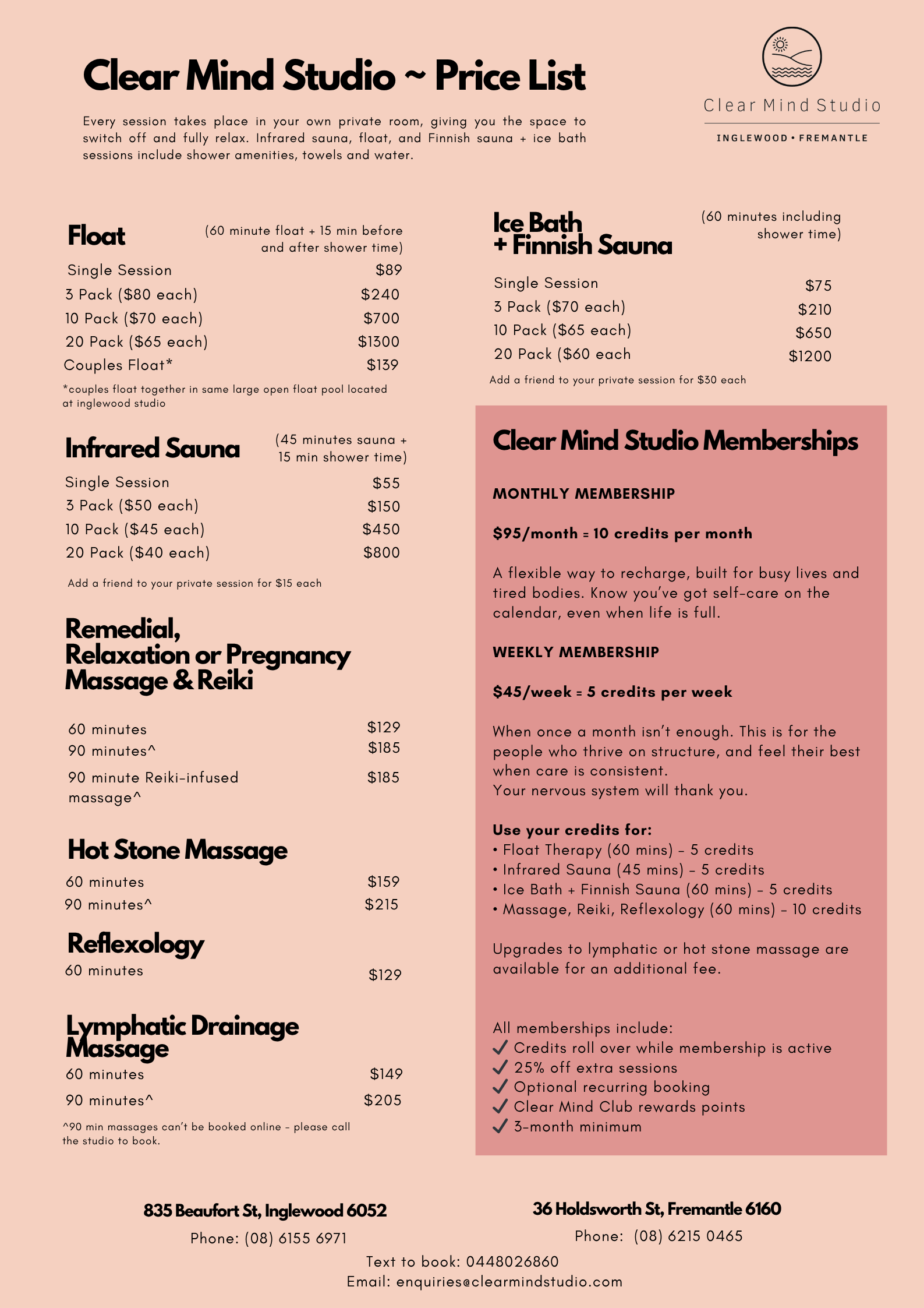 price list for clear mind studio
