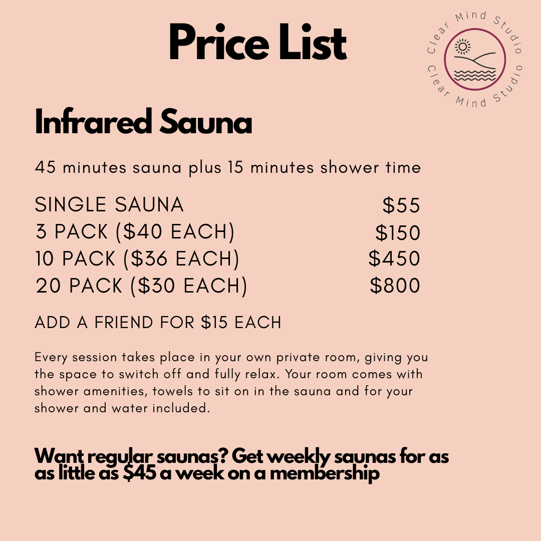 price list of private infrared sauna room at Clear Mind Studio.