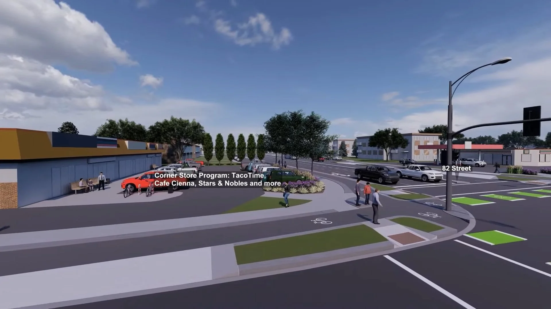 Arcing sidewalks reduces walking distances for pedestrians (turning in 90° increments is for robots).