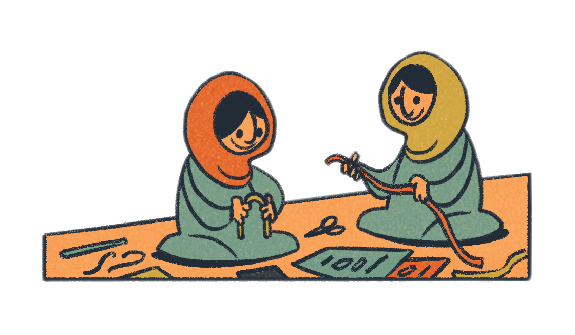 Illustration of two people in headscarves engaged in crafting activities, surrounded by scissors, papers, and ribbons.