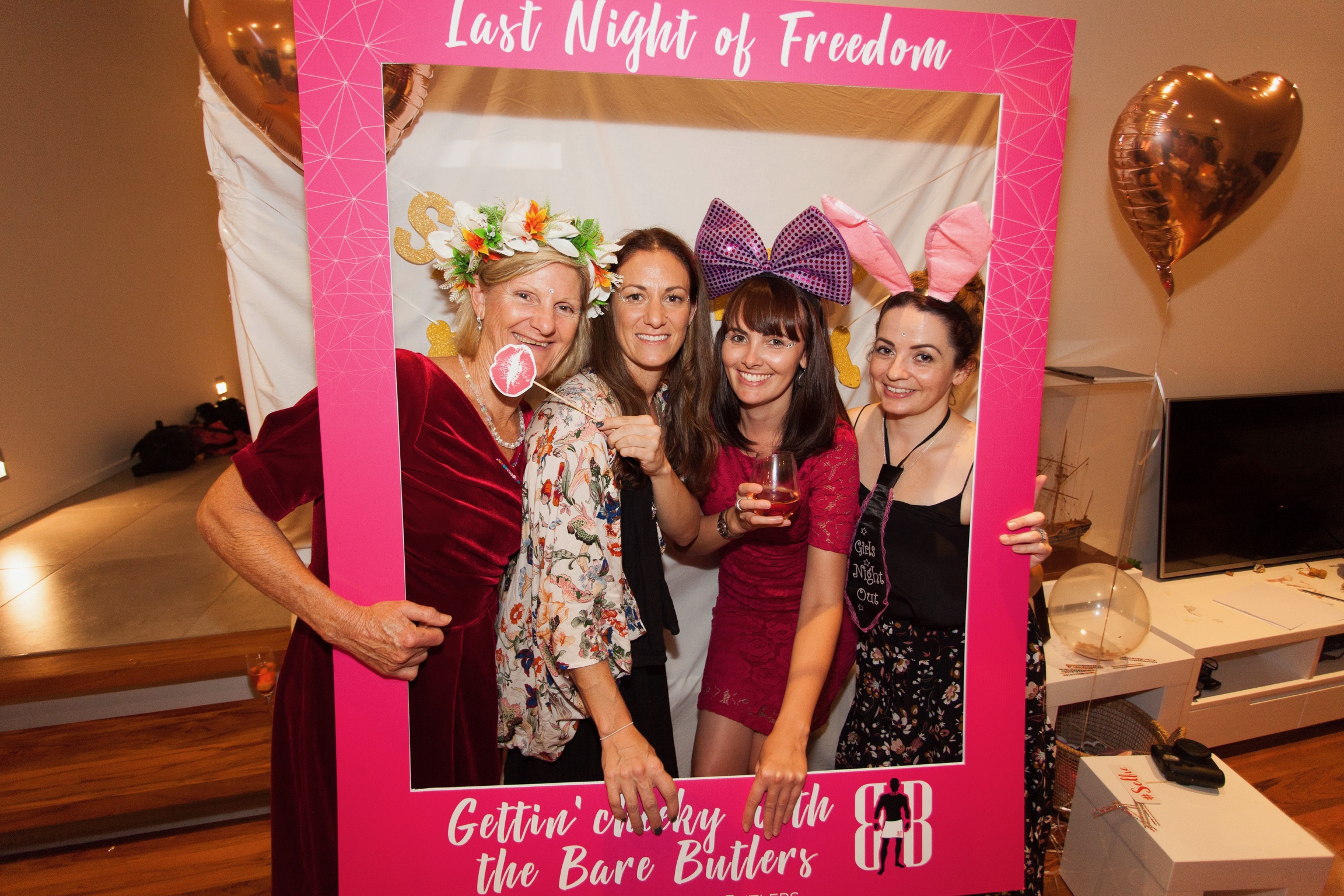 Selfie frame with topless waiters at Hen's night party