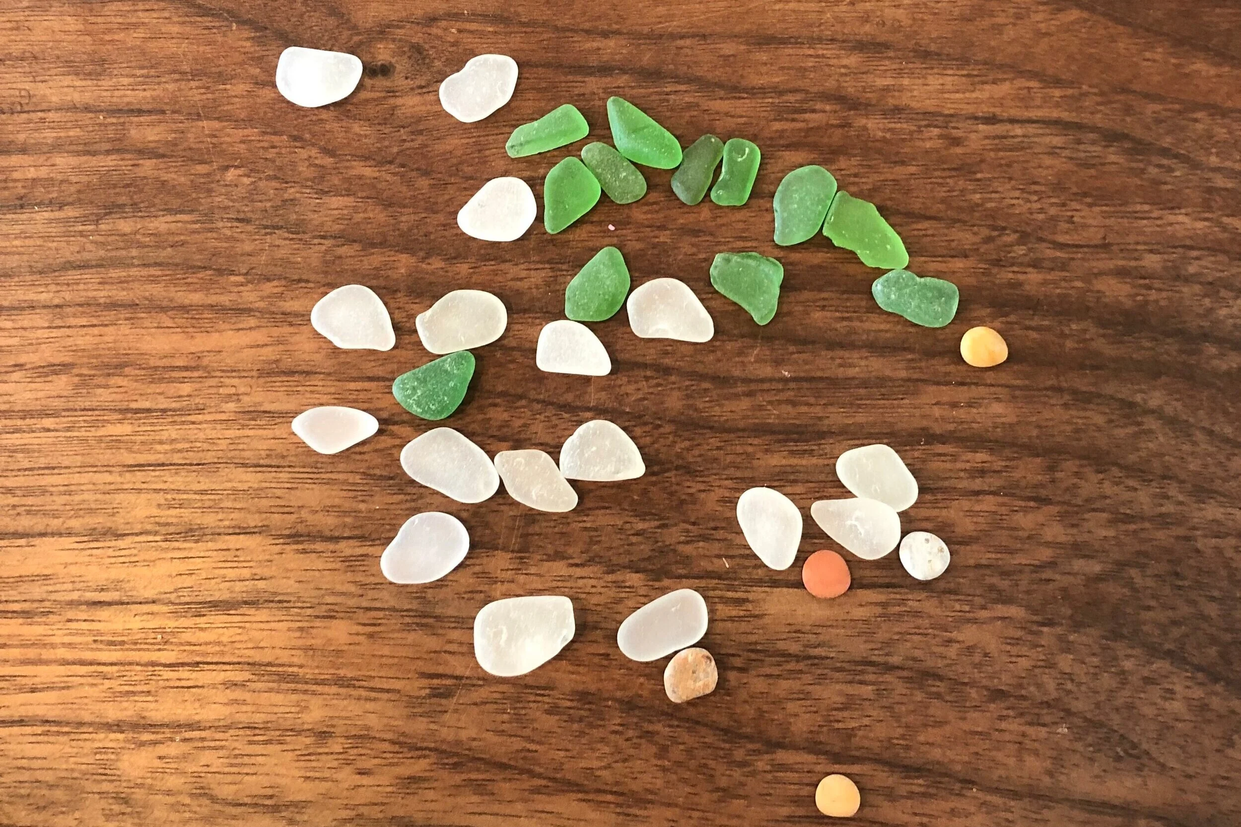 The sea glass King uses is natural, collected mainly in Cape Breton at beaches in the summer. White, green, and brown are the most common colours. Blue, red, orange, and yellow pieces are harder to find.