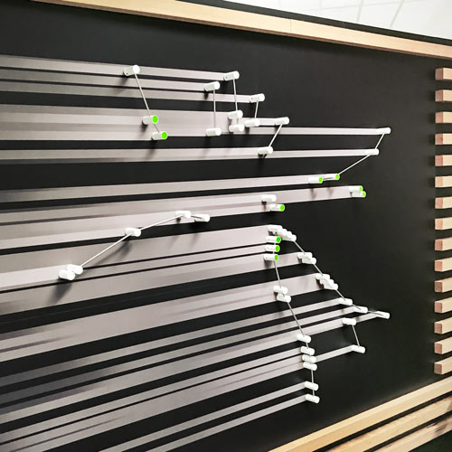 This pin wall is one of the first things seen on arrival at the office. Each of the 50 crossing sites is represented by a large pin bolt, and physically linked to each other along their railway line. As each crossing is removed, each pin will be replaced with a green pin.