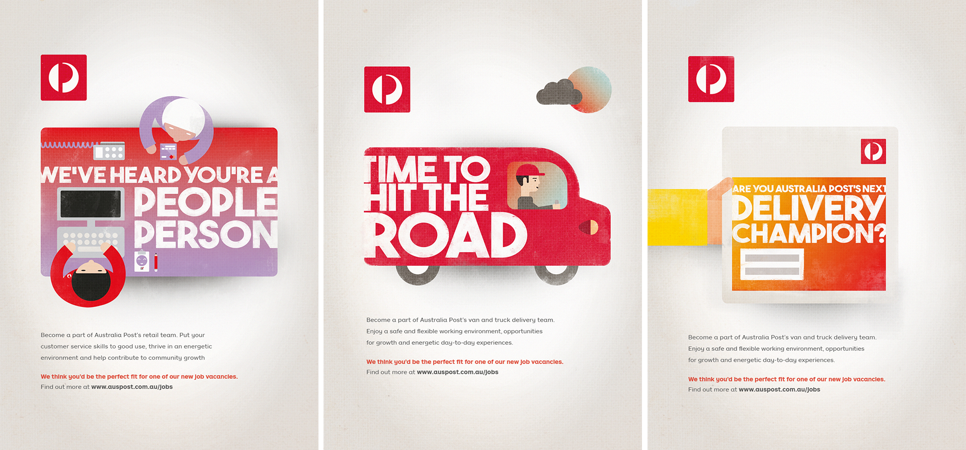Each role comes in a handout card, postcard, and poster version. I adapted illustrations and elements from Australia Post’s guidelines and visual suite, with new elements and typography meshed together with texture and brush-strokes.