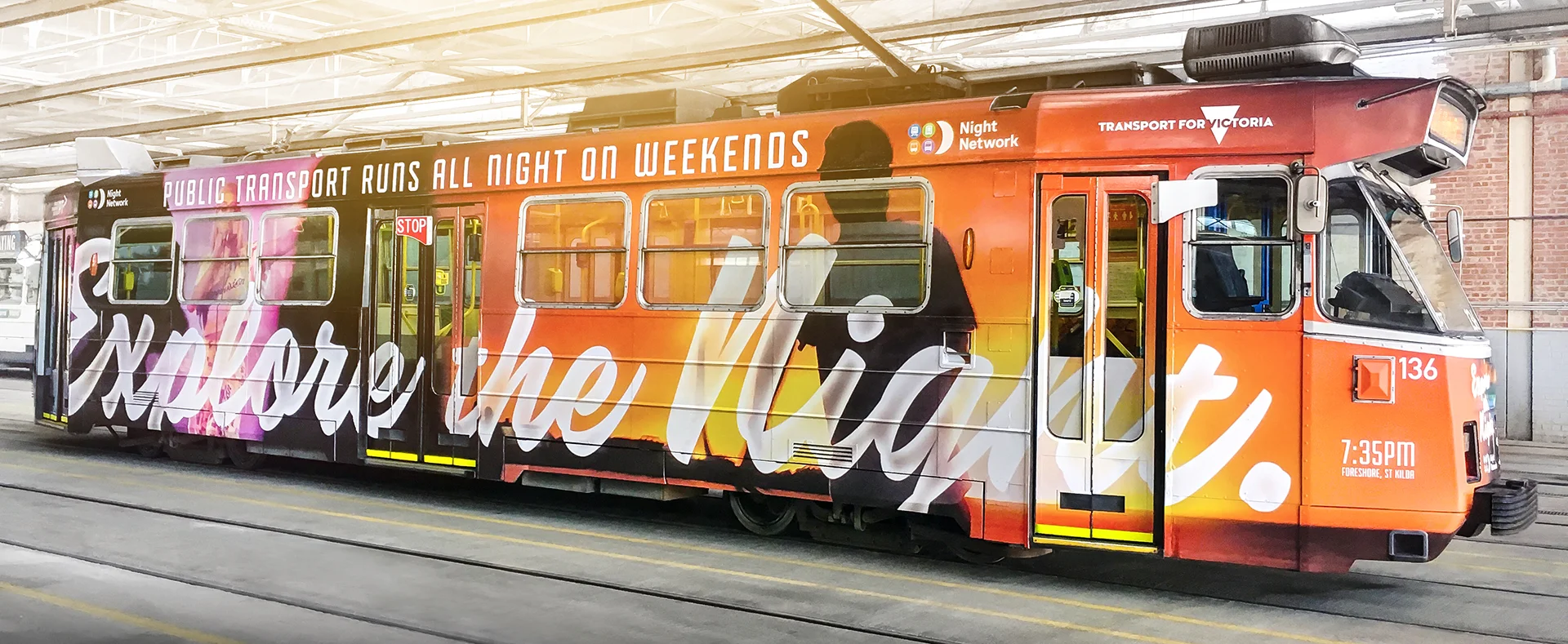 I adapted our artwork to run across a tram. The Explore the Night lockup is larger than life, anchoring every element to it from a distance. As the tram approaches, the story of time and location are the next details seen.