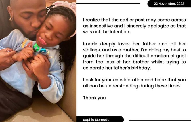 Sophia Momodu apologises to Davido for posting late son’s photo