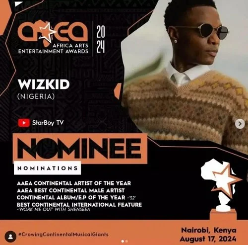 Wizkid receives 7 nominations in the Africa Arts Entertainment Awards.