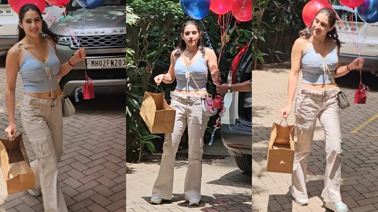 Sara Ali Khan's attire, featuring a pastel blue crocheted top and white slacks, demonstrates her ability to transform a simple look into something gorgeous.