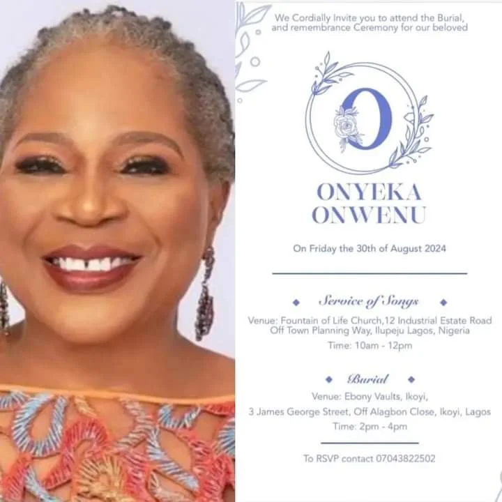 Onyeka Onwenu will be buried today.
