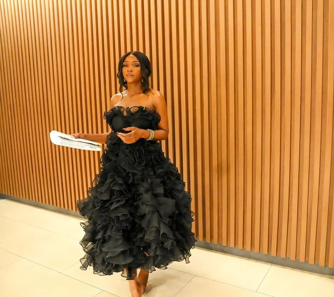 Genevieve Nnaji Stuns Fans with Elegant Ruffled Black Dress on Instagram