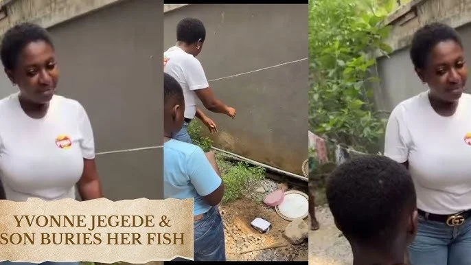 Yvonne Jegede and Son Xavier Hold 'Befitting Funeral' for Their Late Fish, Leaving Fans in Stitches