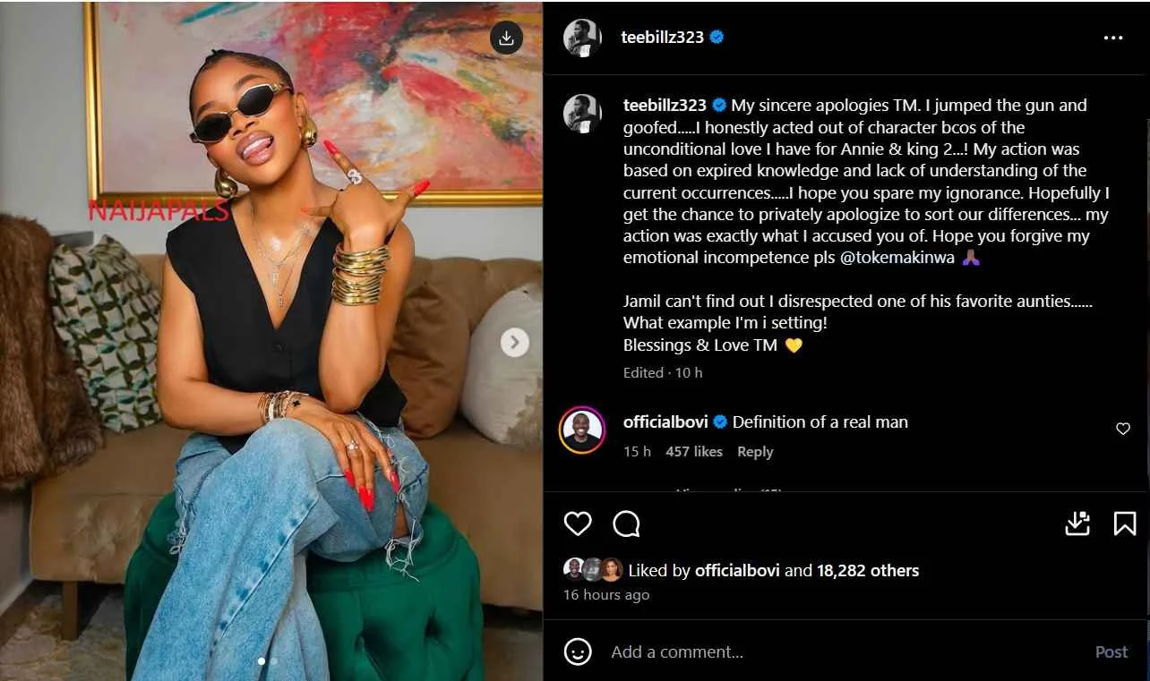 Teebillz Apologizes to Toke Makinwa Over 2Baba and Annie Idibia Divorce Saga