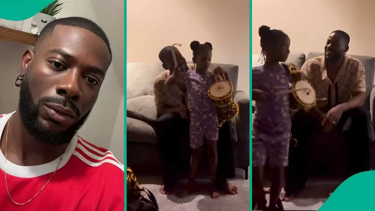 Adekunle Gold Melts Hearts With Adorable Video of Daughter Deja Playing Talking Drum