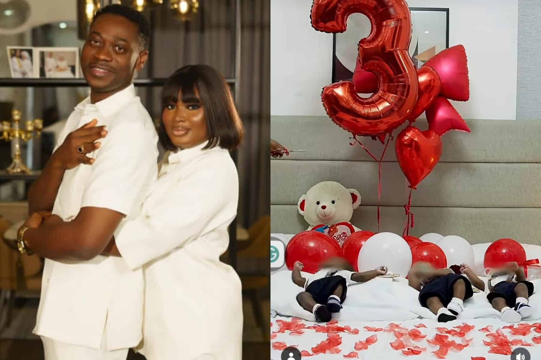Lateef Adedimeji and Mo Bimpe Celebrate Triplets at Three Months