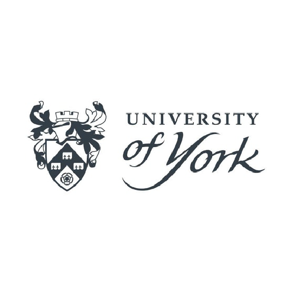 University of York logo with a shield featuring a crown, a cross, and a rose, and a coat of arms with two lions and a castle, alongside the text 'University of York' in stylized font.