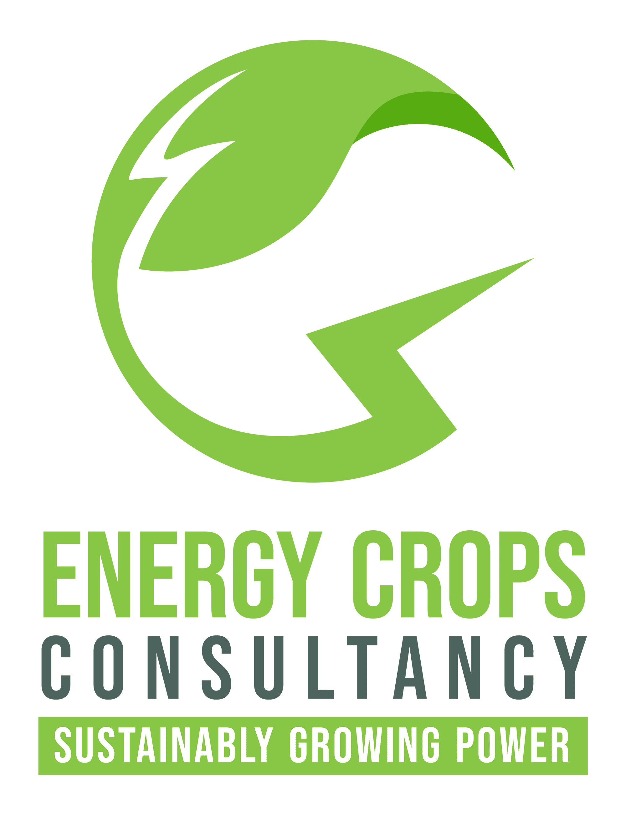 Logo for Energy Crops Consultancy featuring a green leaf and a stylized green letter G with text 'Energy Crops Consultancy' and slogan 'Sustainably Growing Power'.