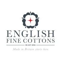Logo for English Fine Cottons, featuring a stylized floral design with a red cross, and text indicating it's a British brand established in 2016.